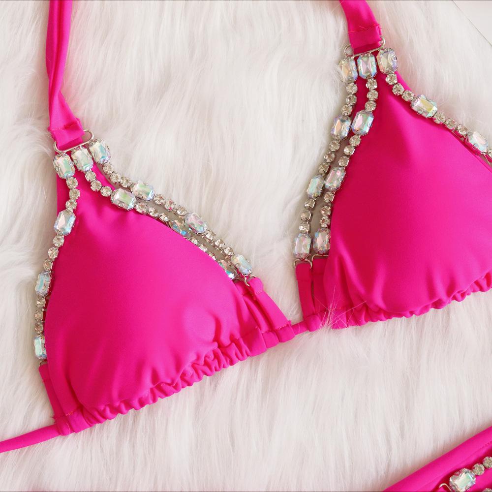 2022 Rhinestone Metal Women's Bikini - Sexy Two-Piece Solid Color Tie-Up Swimsuit for Resort Wear.