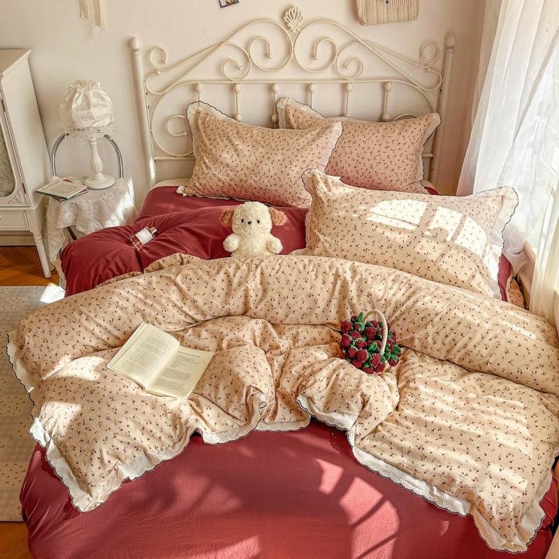 Spring/Summer Washed Cotton Lace 4-Piece Set - Retro French Princess Style for Student Dormitories