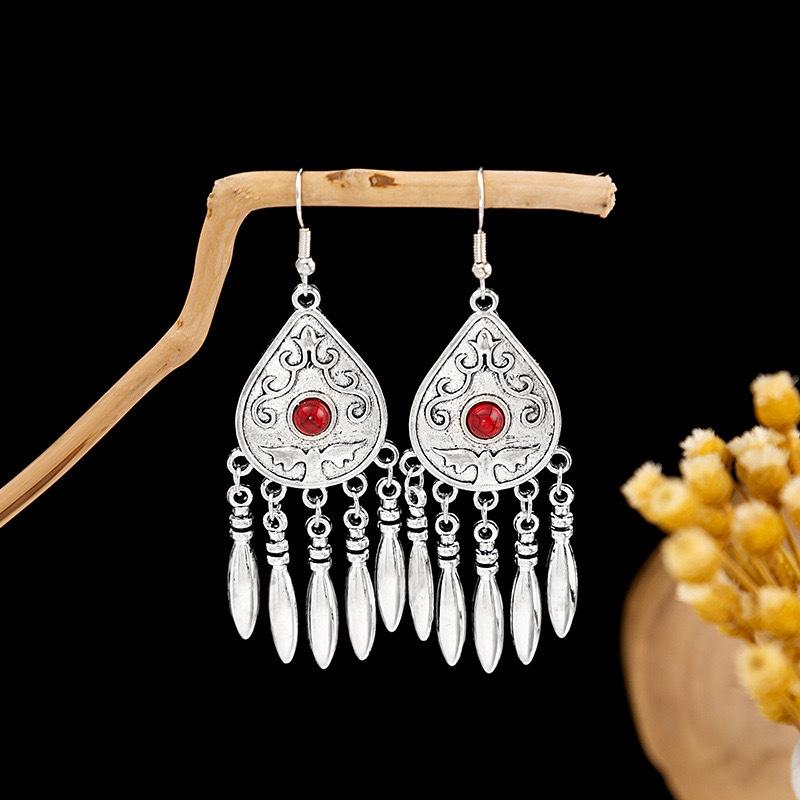 Vintage Ethnic Miao Silver Teardrop Tassel Earrings