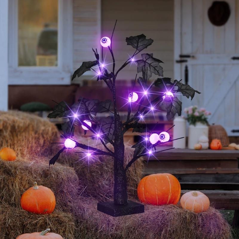 LED Purple Lighted Halloween Artificial Birch Tree Light DIY Black Branches Tabletop Lamp Spooky Home Party Festival Halloween Decor