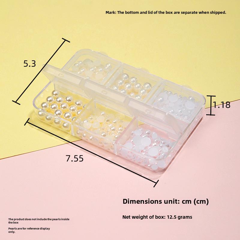 

Прозрачная шкатулка для хранения украшений для ногтей с 6 отделениями, пронумерованной крышкой и съемным основанием для жемчуга и стразов.