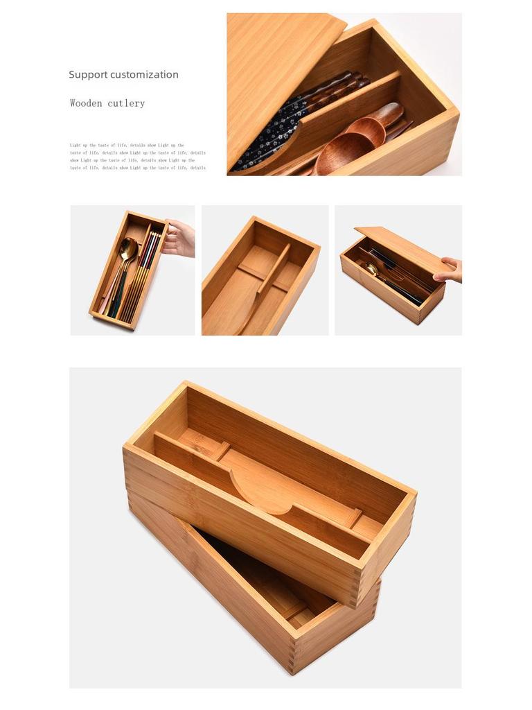 Engraved Tableware Storage Box with Cover: Japanese Chopstick, Spoon, and Fork Compartment