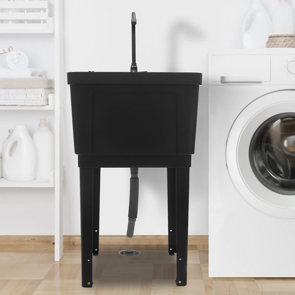 Black Freestanding Laundry Utility Sink with Rotatable 360° Faucet & Soap Dispenser, Modern Rectangular Tub for Laundry Room