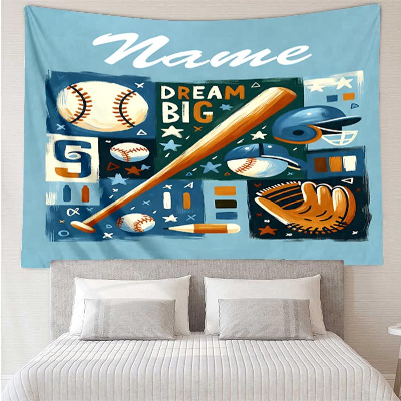 Custom Name Baseball Print Tapestry, Backdrop, Easy Setup, Ideal for Bedroom, Office & Living Room, with Aesthetic Wall Hanging Decor.