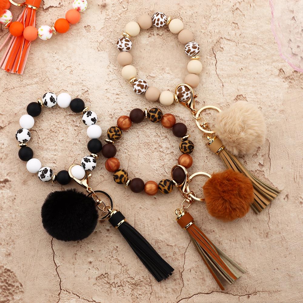 Silicone Bead Bracelet with Pom-Pom Keychain & Tassel Pendant - 2024 Women's Style