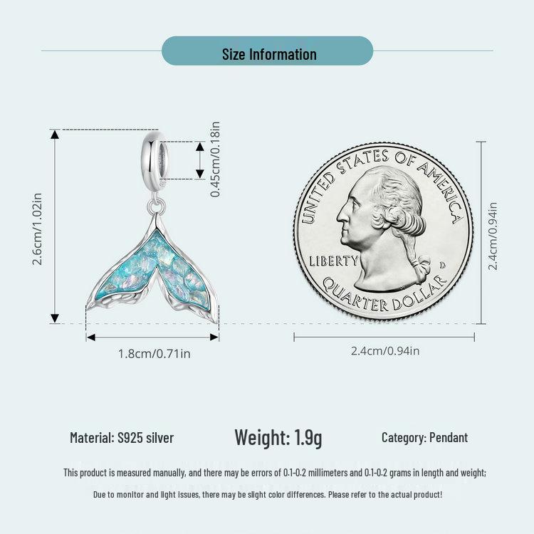 Exquisite Fantasy Blue Fishtail S925 Sterling Silver Pendant Charm for DIY Bracelet