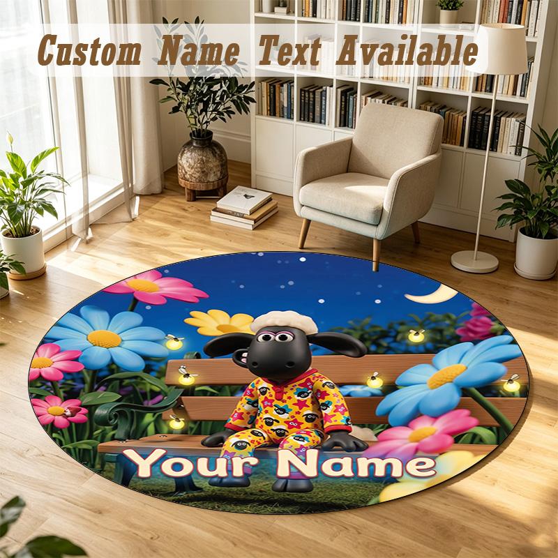 Round Rug Custom NameShaun the Sheep Pattern Non Slip Carpet Home Floor Decor