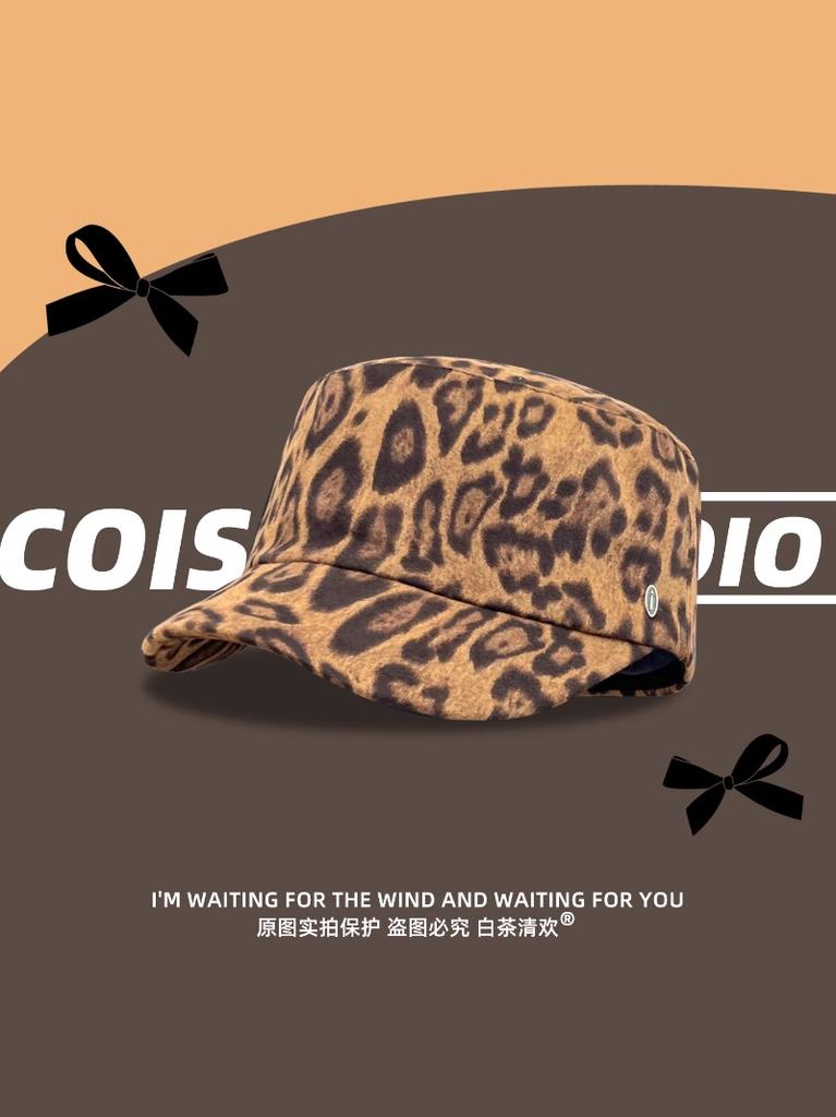American Leopard Print Retro Forward Hat Women Autumn Winter Seasons New Face-Showing Small Versatile Equestrian Hat Beret