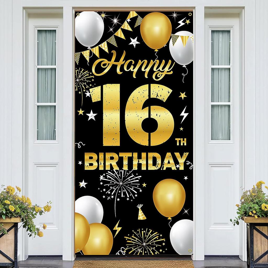Happy 16th Birthday Decorations for Boys & Girls - Fabric Black & Gold 16 Birthday Backdrop Banner, Yard Sign, Photo Booth Props - Outdoor Indoor