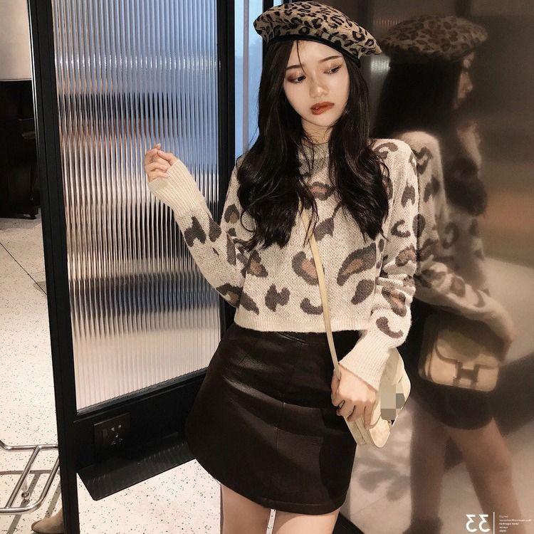Suéter curto com estampa de leopardo slim, gola redonda, manga comprida, pulôver, malhas femininas jovens