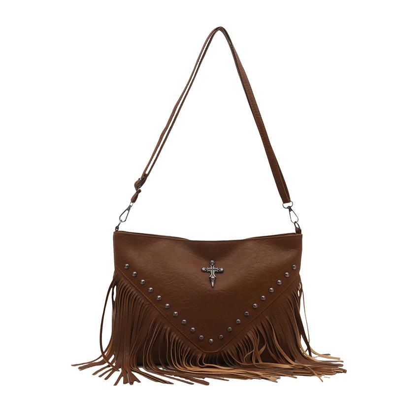 Bohemian Fringe Single Shoulder Bag With Rivets Pu Material For Casual Day Use
