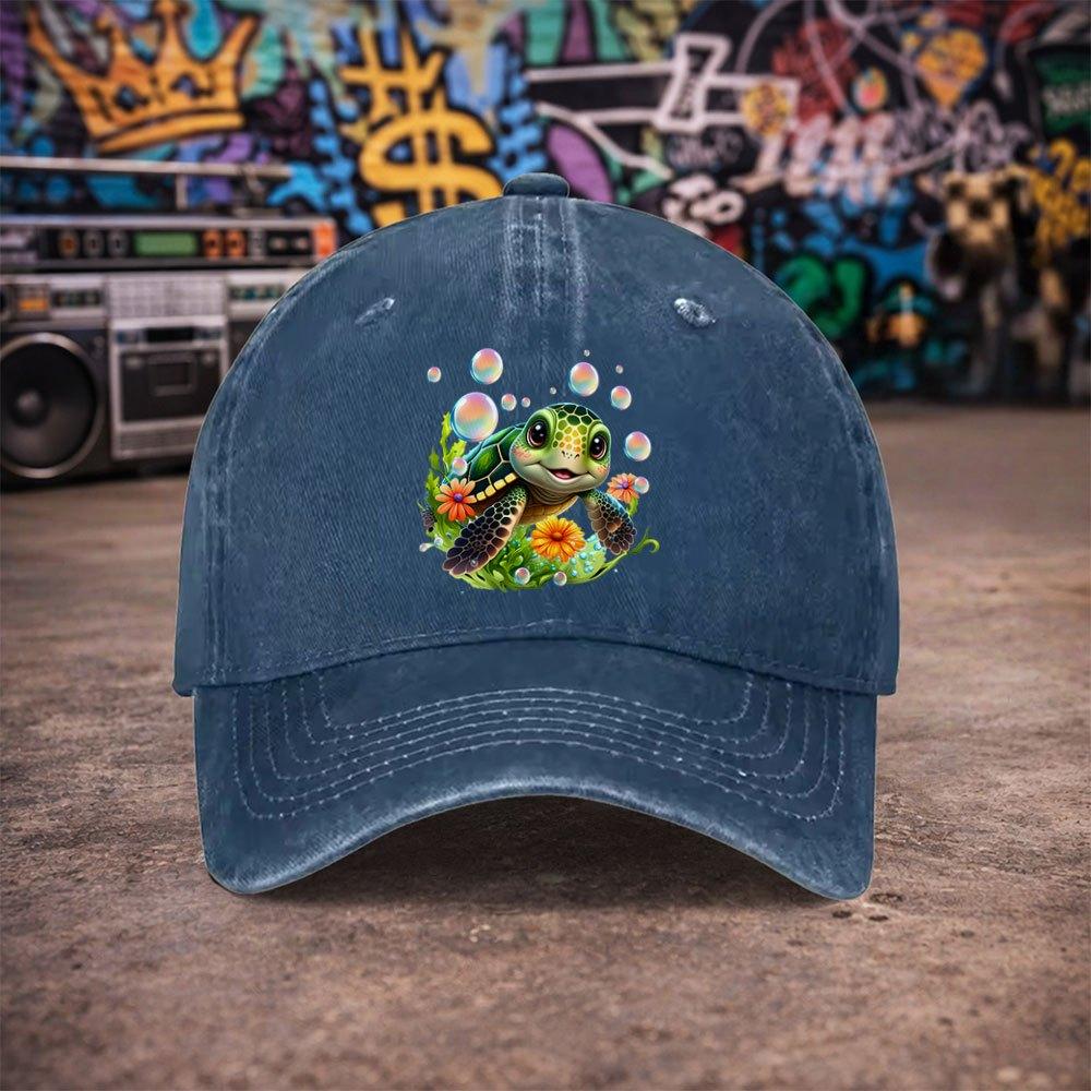 pc Unisex Cute Sea Turtle and Flower Vintage Washed Baseball Cap Unisexs Trendy Hat Versatile Duckbill Cap Fun Print A Un