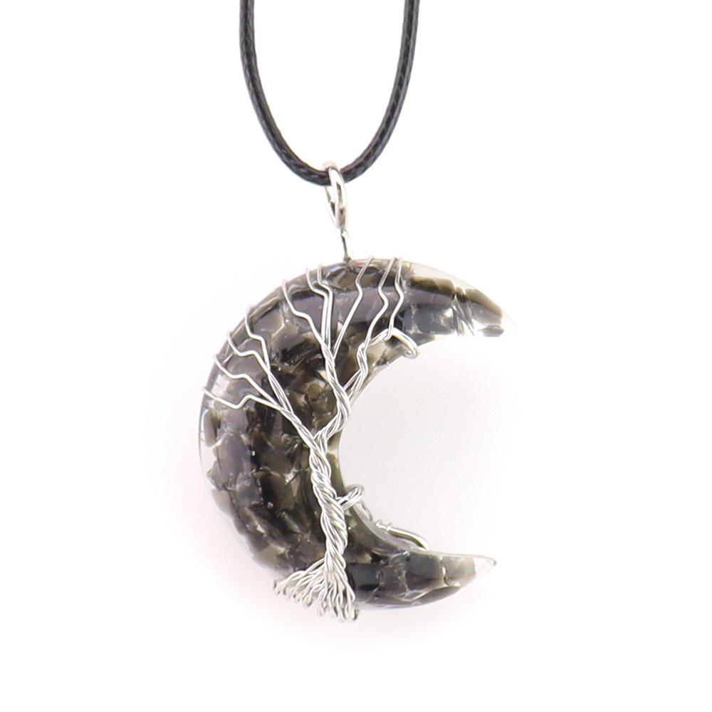 Chakela Crescent Moon Tree of Life Pendant with Natural Crystal Stone and Resin Wrap