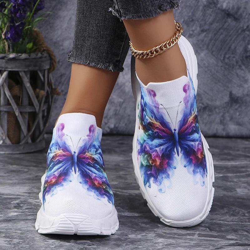 Fashion Fashion Butterfly Print Knit Sneakers for Women Breathable Mesh Platform Sneakers Shoes Woman Plus Size Thick Sole Walking Shoes