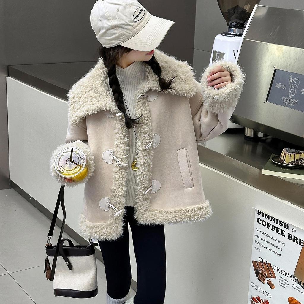 2025 Girls' Autumn/Winter Fleece-Lined Leather & Fur Coat - Stylish One-Piece for Kids
