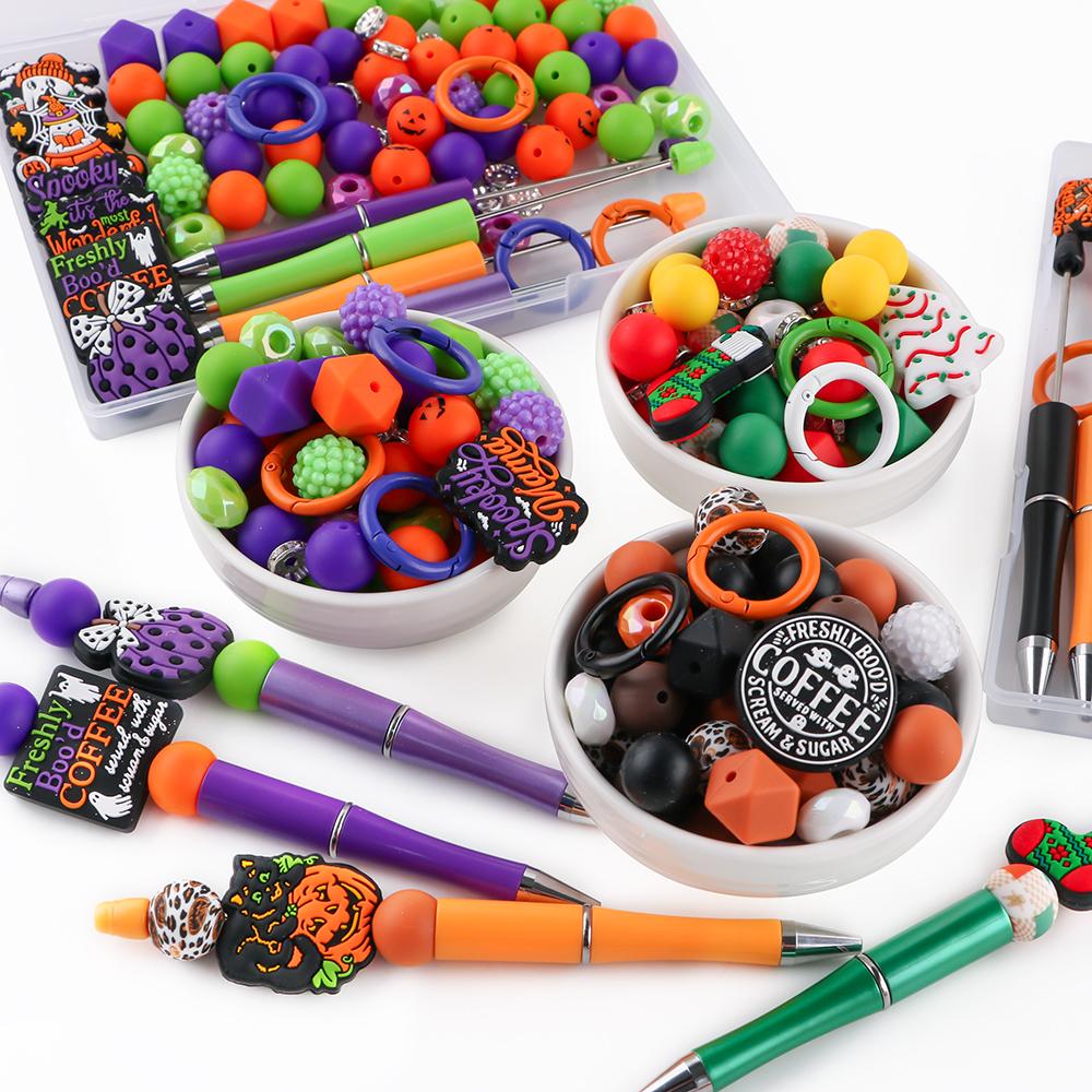 90Pcs/Box New Halloween Christmas Silicone Beads, Acrylic Beads, Pen Combination For DIY Accessories, Keychains, Etc