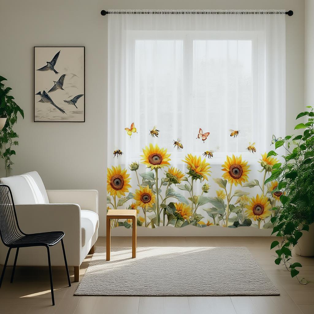Light Blocking Sunflower Children Room Background Semi Transparent Filter Window Curtain Pole Living Bedr Single Panel Polyester Washable Sitting