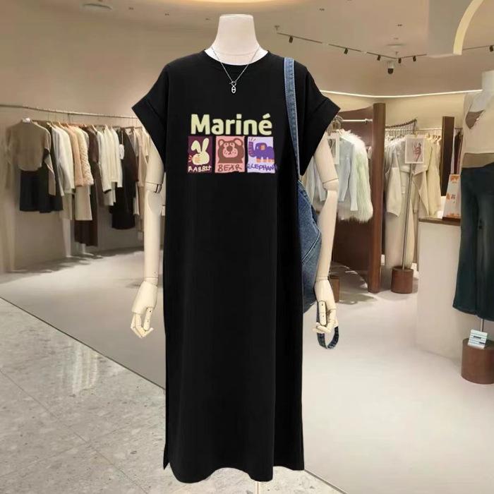 

Повседневное и непринужденное платье с коротким рукавом для женщин, Новое летнее корейское платье-футболка прямого кроя средней длины 4XL чёрный