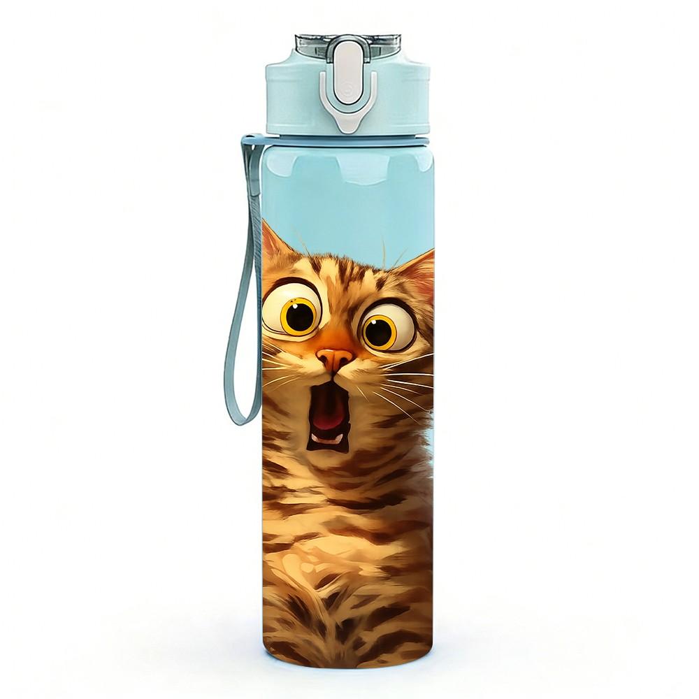 1PC Surprised Tabby Kitten Cat Pattern 750ml Color Plastic Sports Water Bottle Leakproof Flip Straw Lid Suitable for Sports Office Home Use