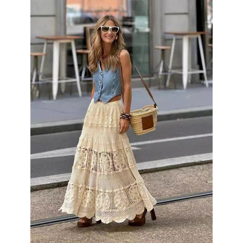 

Solid Color Elastic Waist Hollow Skirt Pure Color Elastic Waist Cut Out Skirt for Women goods in stock One size
