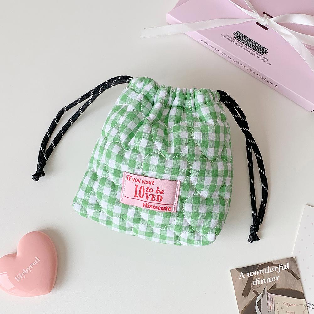 Ins Korean Plaid Drawstring Makeup Bag for Girls Portable Skincare Organizer Travel Organizer Bags Toiletry Bag Drawstring Bags