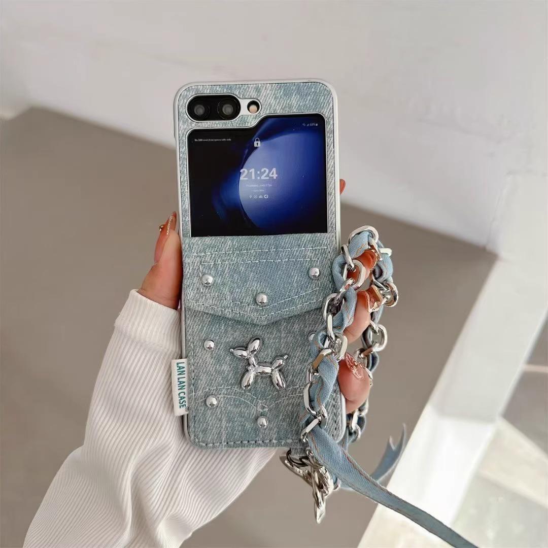 

Чехол-книжка Samsung Galaxy Z 2024 Denim с держателем для карт Dog и ремешком на запястье, складной защитный чехол для телефона Z Flip 6 5 4 3 Cut Galaxy Z Flip4