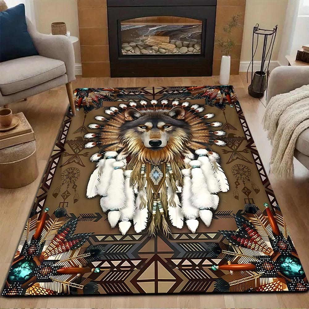 Wolf and Tribal Feather Design Carpet Patterned Carpet, Non Slip Mat Suitable for Living Room and Bedroom Sofas