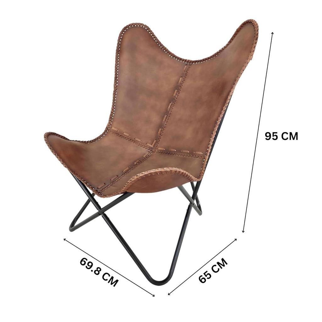 Dark Brown Leather Butterfly Chair - Comfortable Arm Rest Butterfly Chair - with Iron Stand