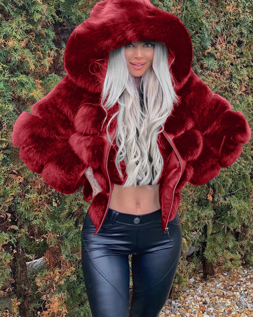 European and American temperament commuting fashion long-sleeved solid color imitation fur coat hooded autumn and winter warm coat women