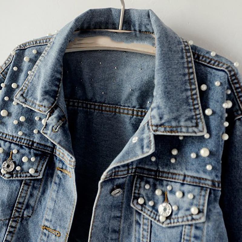 Women's Short Denim Jacket Beaded Pearl Jacket Loose Spring Autumn Denim Jacket