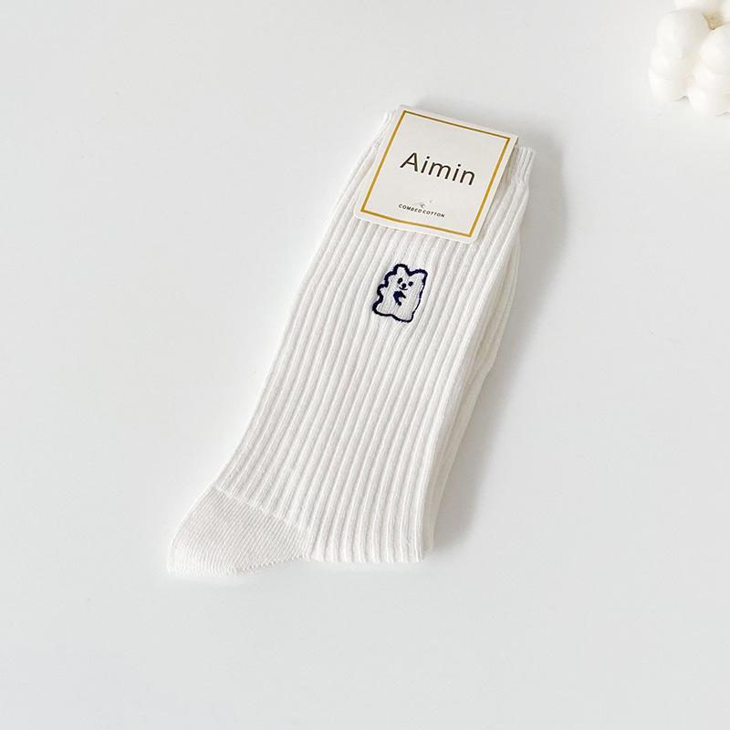 Chaussettes montantes en coton à motif animal brodé de dessin animé pour femme, printemps et automne