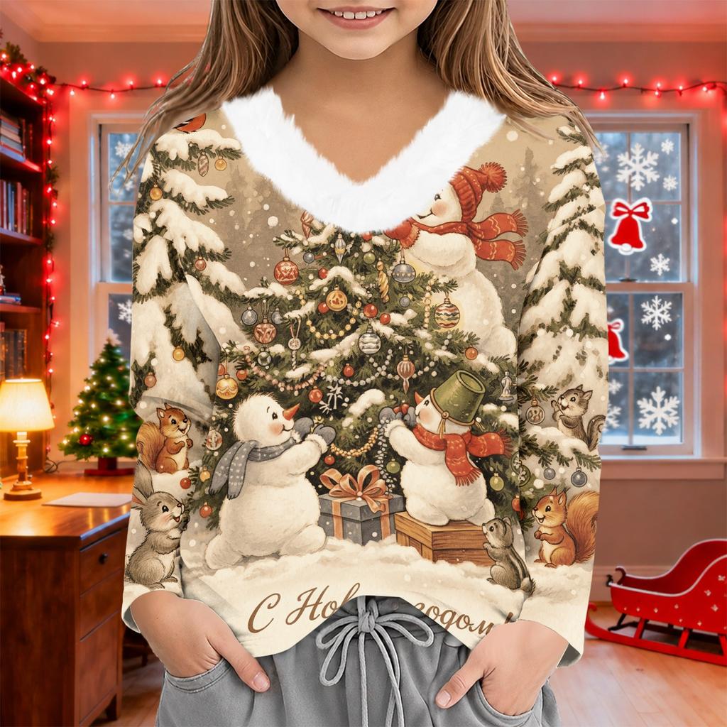 Girls' V-Neck Christmas Print Pullover Top for Winter Casual Wear