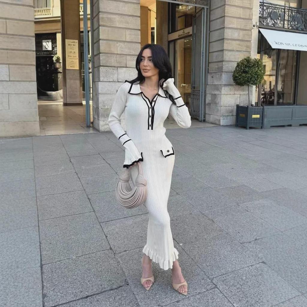 European & American Ruffled Knitted Sweater Dress 2025 - Luxurious French Autumn/Winter Lapel Midi