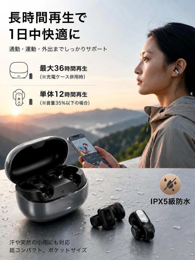 Ear Cuff Wireless Earphones [Lightweight and Comfortable] Earaku Open Earphones, Ear Clip Style, Sound Leakage Suppression, 36 Hours Playback, for Com