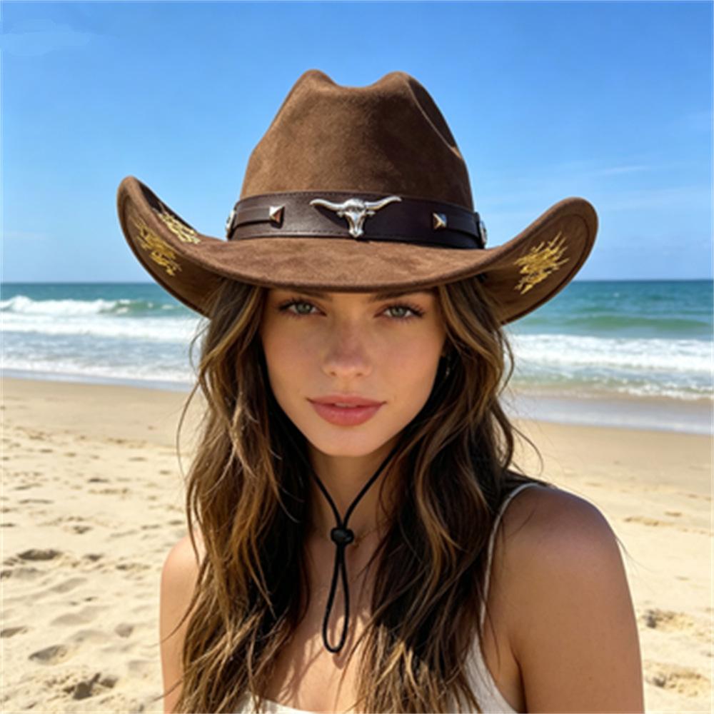 Popular European and American Classic Suede Western Cowboy Hat Men's and Women's Big Brim Embroidered Outdoor Sun Hat