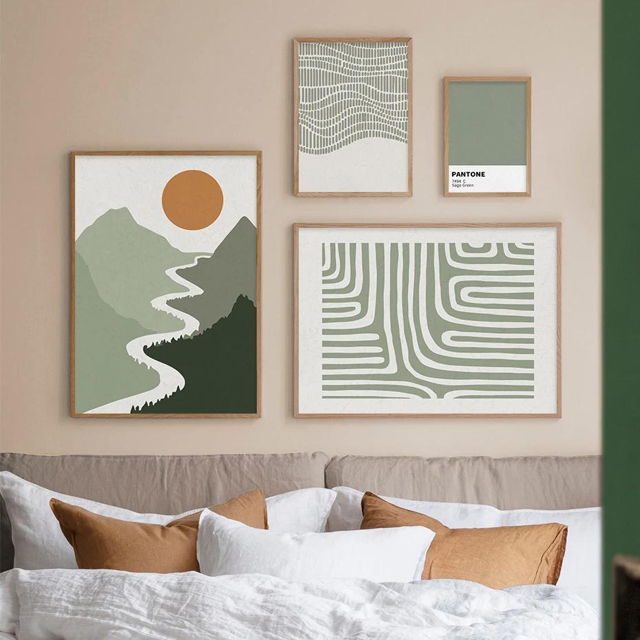 Abstract Line Landscape Leaves Green Posters Canvas Painting Wall Art Print Pictures for Bedroom Living Room Interior Home Decor