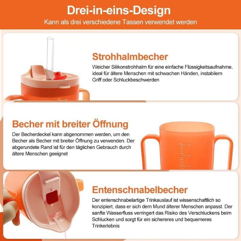 Kelímek 3 v 1 pro seniory, silikon bez BPA, 300 ml hrnek pro seniory s uchem, vysoká kvalita a odolnost, pečovatelský kelímek pro pacienty