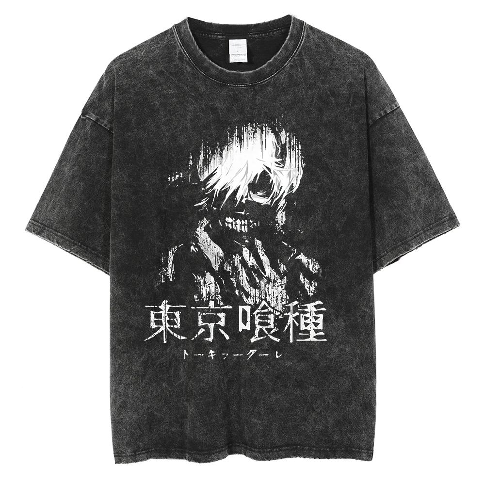 2026 Summer Anime Tokyo Ghoul Oversized T-shirt, Ken Kaneki Split Face Manga Print Casual Washed Tee For Men Women