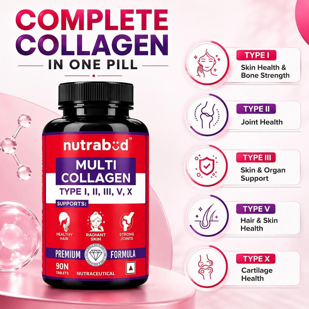 Nutrabud Multi Collagen Complex For Women Men 90 Tablets Hydrolyzed Peptides With Types I II III V X For Skin Hair Joints