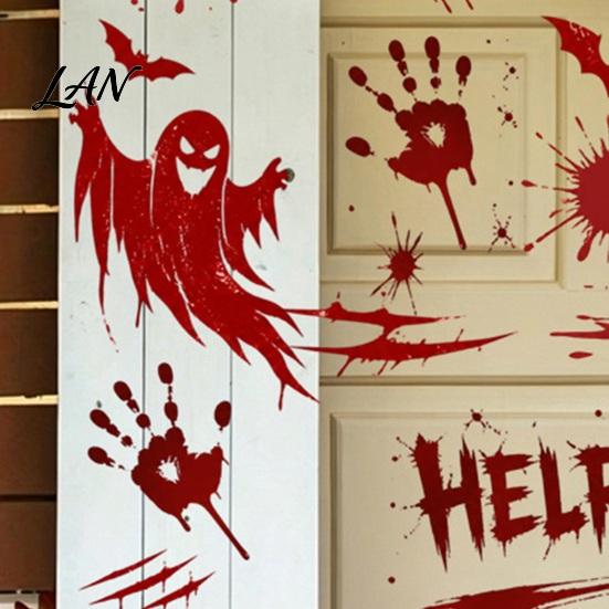 Creepy Text Halloween Decals Horror Stickers, with Spooky Handprints Footprints Printed, Wall Stickers Self-adhesive Decals, for Party And Decorations