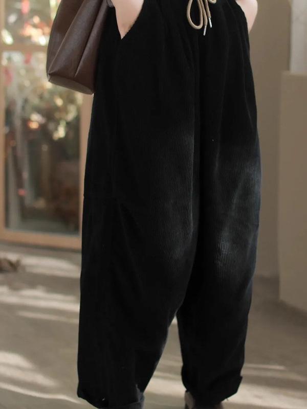 Women's Retro Corduroy Harem Pants - Elastic Waist, Lace-up, Patchwork, Plus Velvet, Thickened for Spring/Autumn