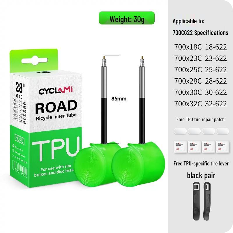CYCLAMI Ultralight TPU Inner Tube with Free Tire Patches and Levers - 30g, Presta Valve, Puncture Proof Road Bike Tire.