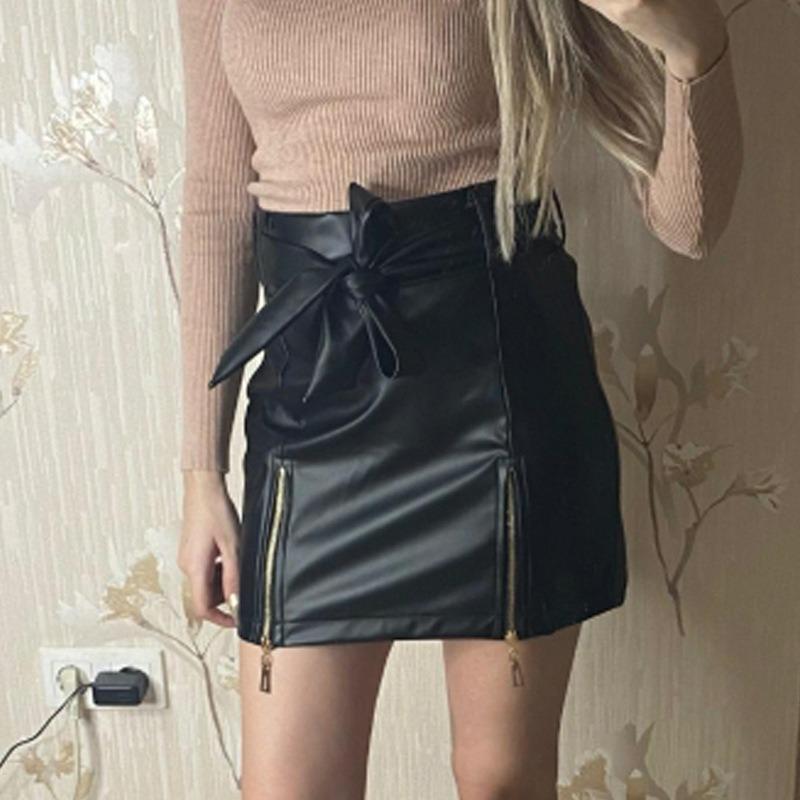 Spring and Summer Imitation Leather Stretch High Waist Imitation Skirt Belt Zipper Pencil Mini Skirt