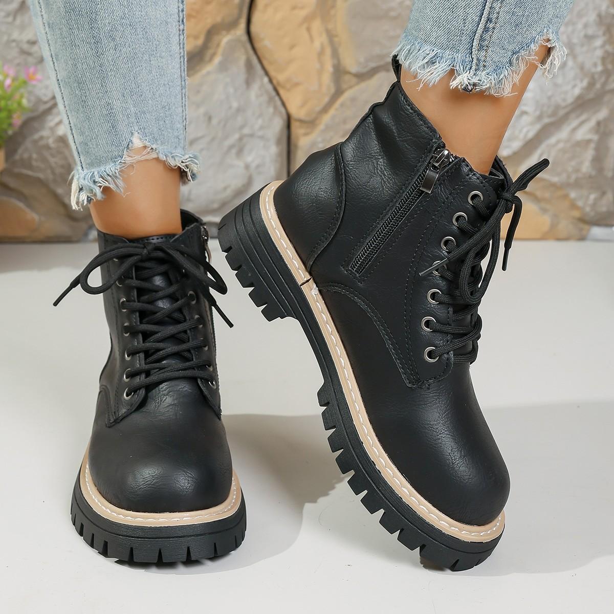 

Autumn and winter new black Martin boots women s British style thick heel short boots versatile large size women s boots 43