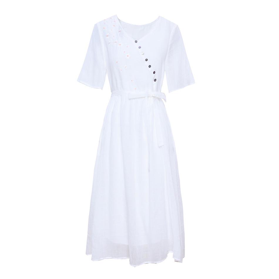 2024 Embroidered Ramie V-Neck Women's Mid-Sleeve Long Dress