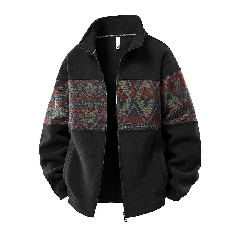 Men`s Ethnic Retro Patchwork Sherpa Cardigan
