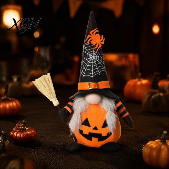 Creepy Gothic Style Ornaments Halloween Plush Gnome Decoration, Spooky Orange Black Spider Web Bat Swedish Faceless Dolls Tomte Elf Figurine,