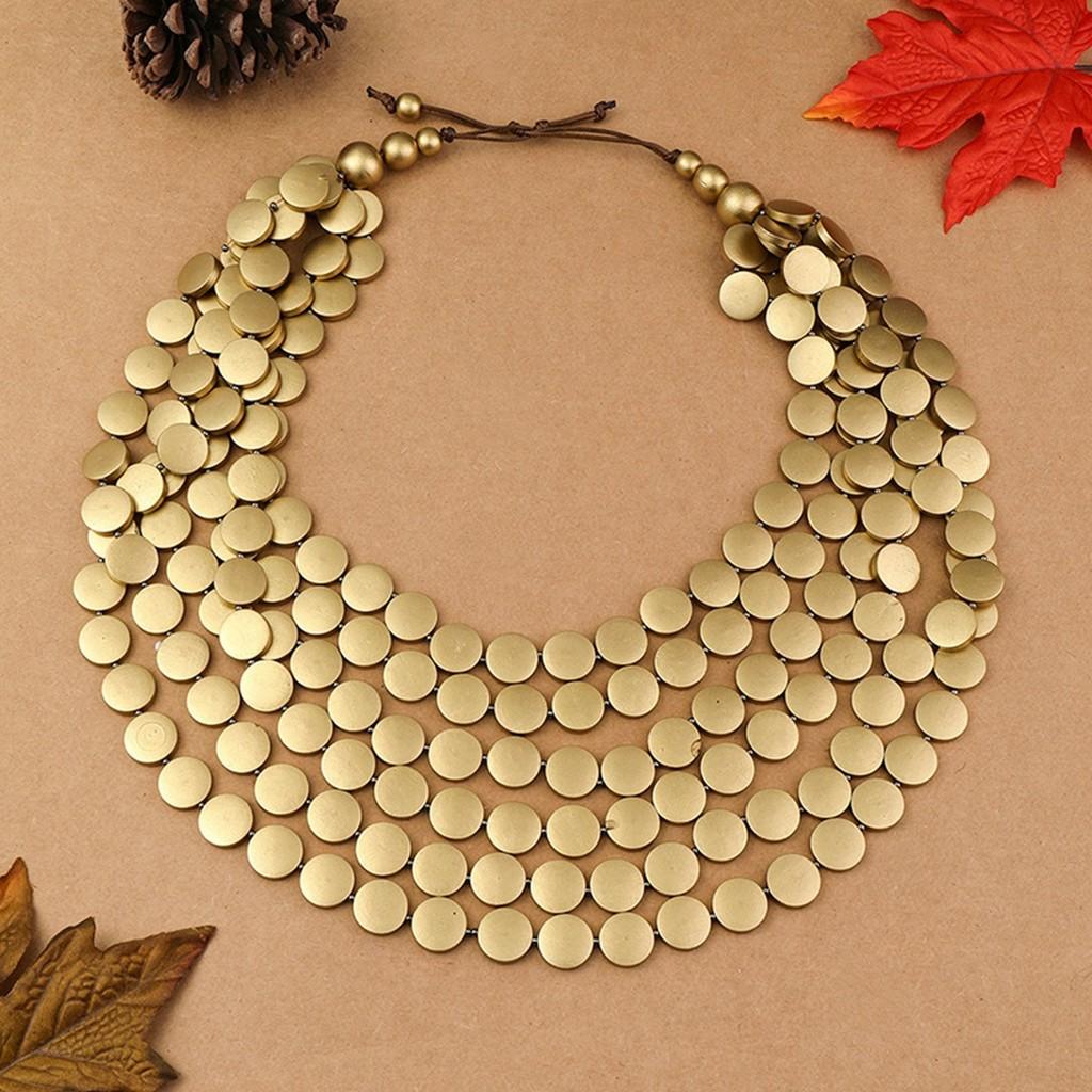 Handmade Geometric Wooden Beaded Necklace With Alloy Pendant For Ladies золотой