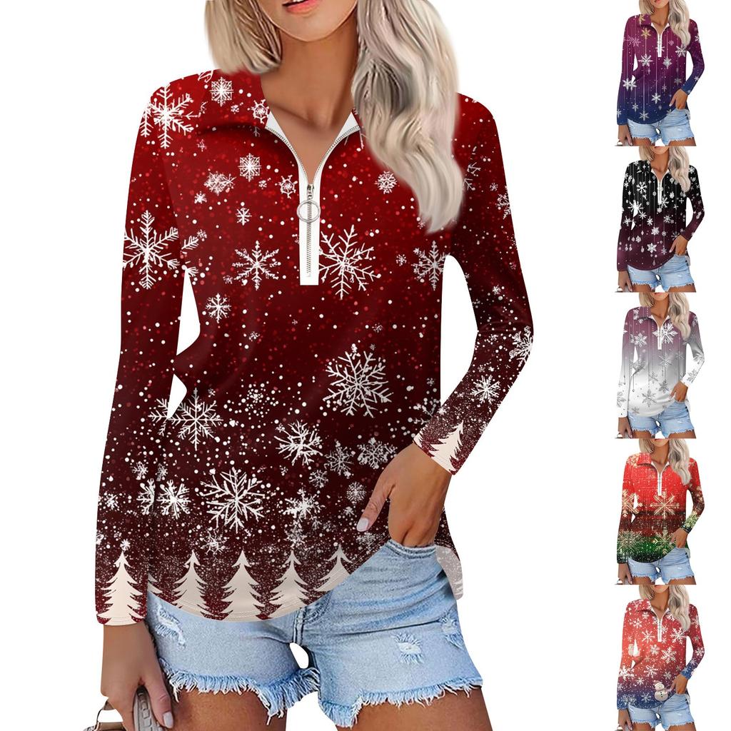 Ladies Spring Autumn Fashion Casual Christmas Printed Zip V-Neck Long Sleeve  Shirt Top