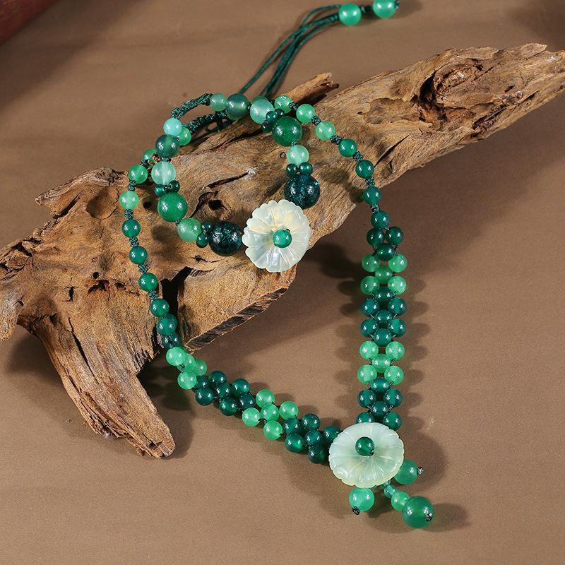 Retro Agate Glazed Short Collarbone Necklace Neck Chain Women's Versatile Jade Flower Bracelet Set Jewelry